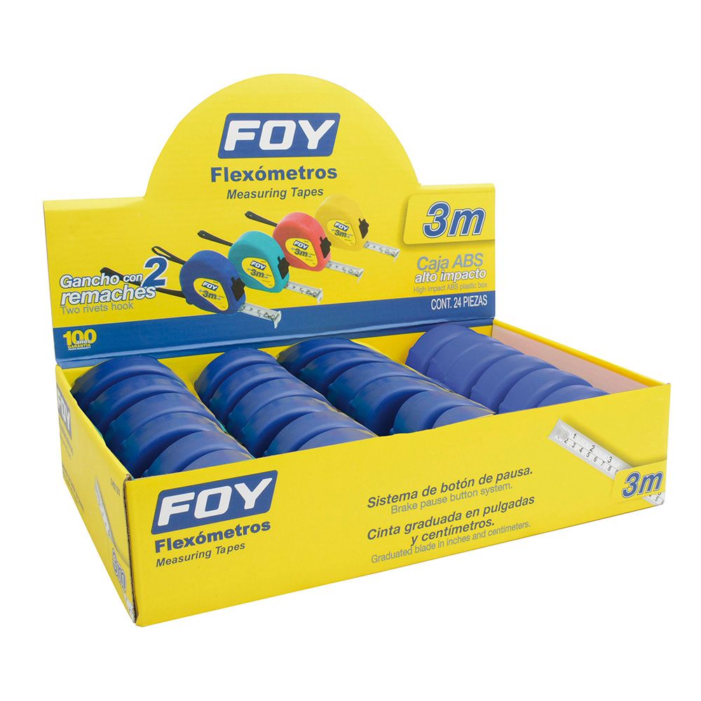 Flexómetros con carcasa de plástico azul en display 3 m x 1/2", 24 piezas Foy