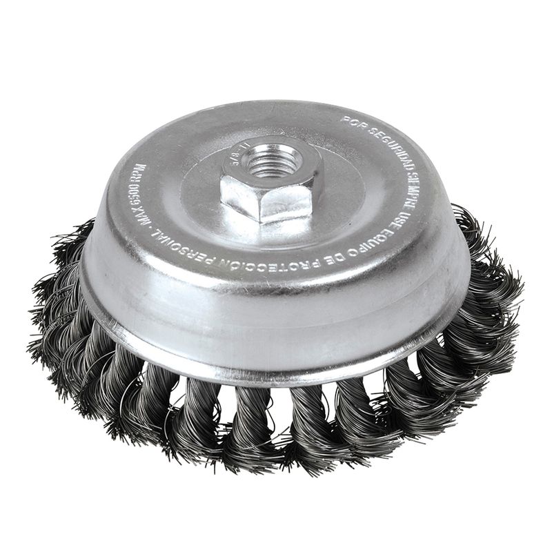 Carda copa trenzada alambre grueso 5" x 0.50 con rosca 5/8" Foy