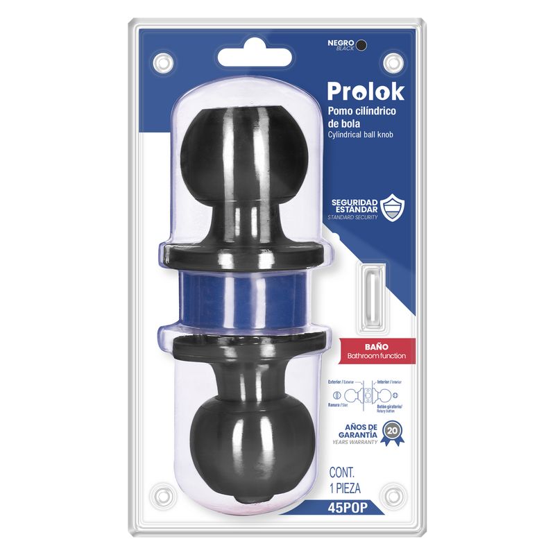 Pomo cilíndrico bola función baño, acero negro, llave estándar Lock