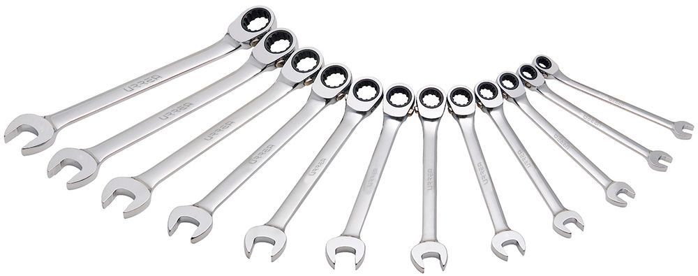 Juego de llaves combinadas pulido espejo de matraca spline reversible métricas, 12 piezas Urrea