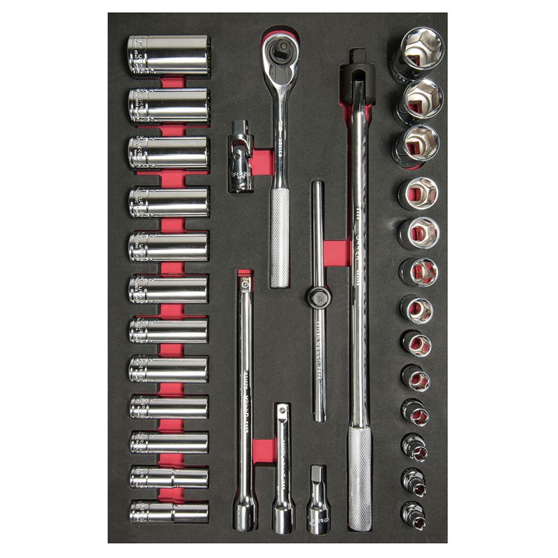 Juego de dados cortos y largos y accesorios cuadro de 1/2" en pulgadas, 32 piezas Urrea