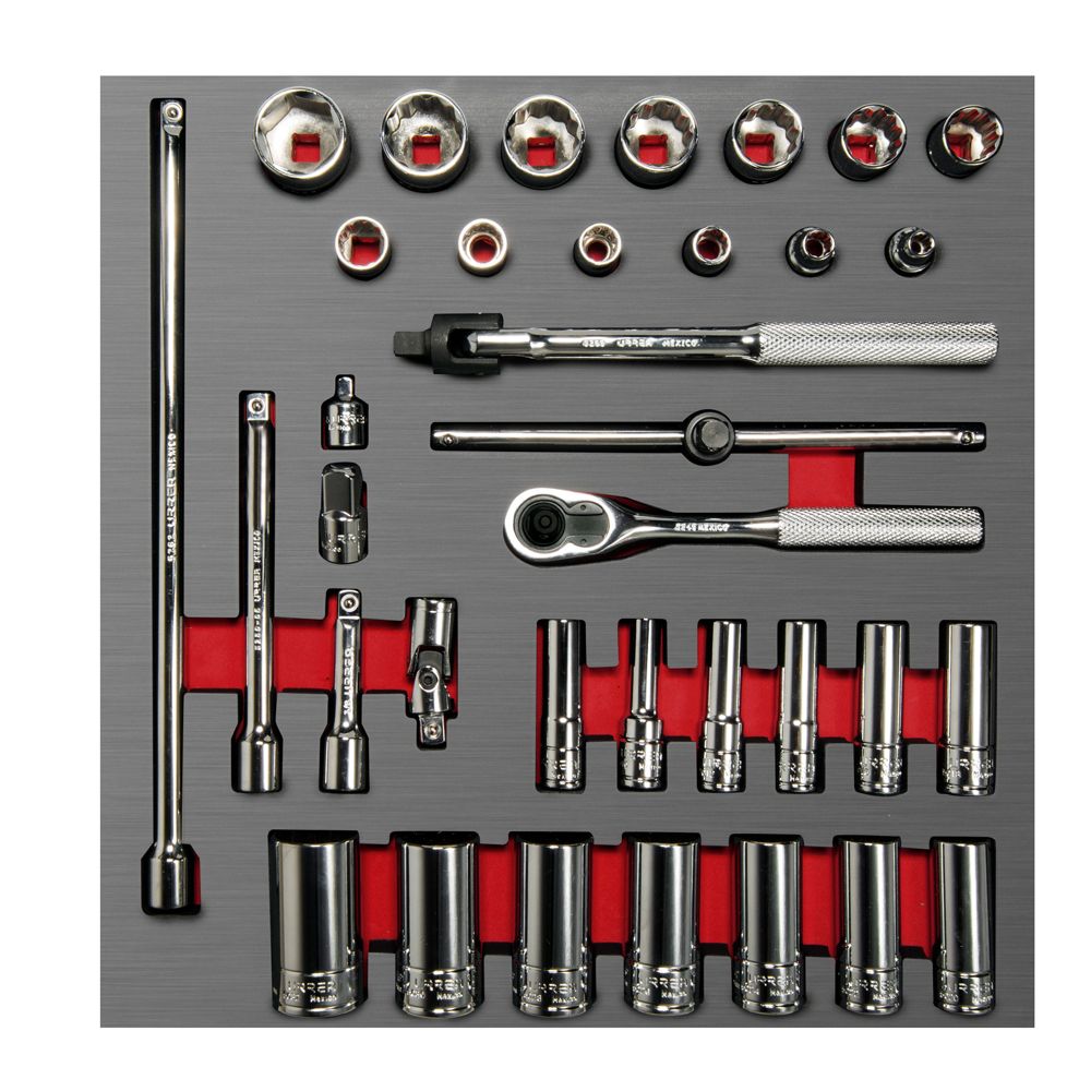 Juego de dados cortos, largos y accesorios cuadro de 3/8" en pulgadas, 35 piezas Urrea