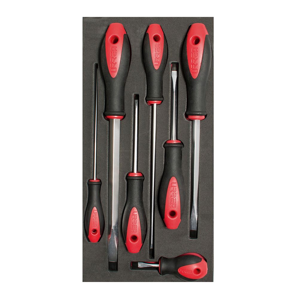 Juego de destornilladores mango bimaterial punta plana bandeja EVA, 7 piezas Urrea