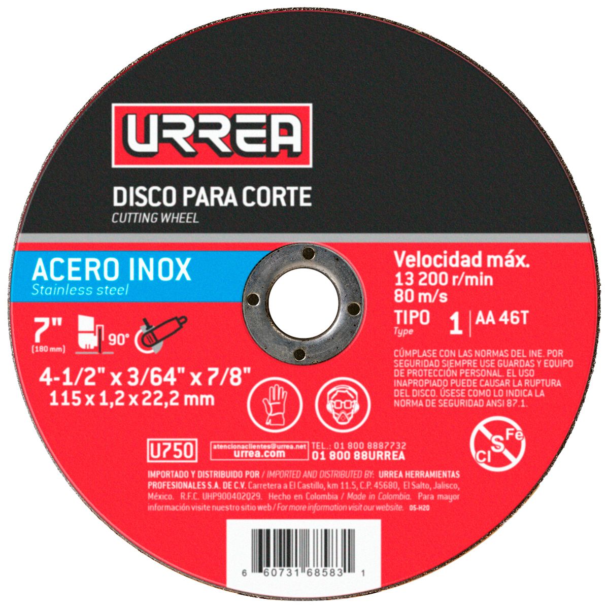 Disco abrasivo tipo 1 para acero inoxidable 4-1/2" x 3/64" Urrea