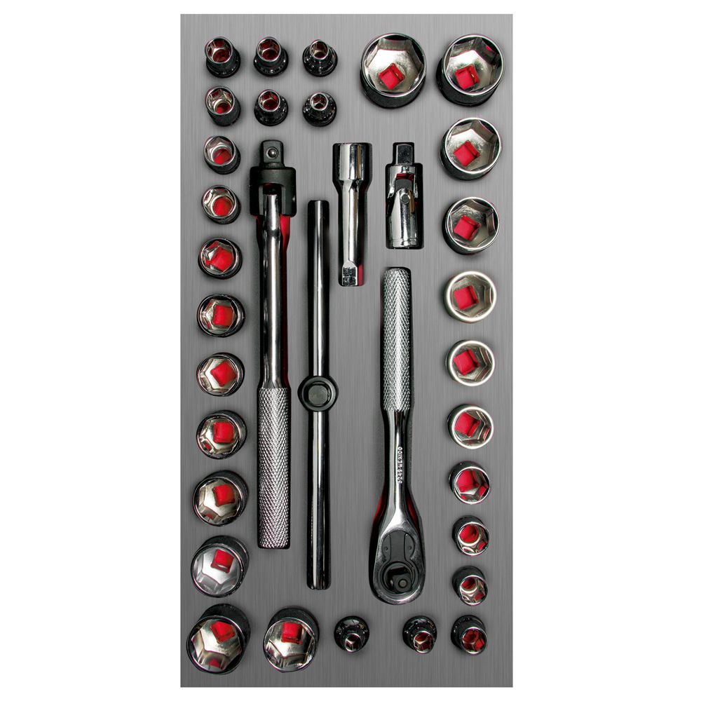 Juego de dados cortos y accesorios cuadro de  3/8" combinados, 34 piezas Urrea