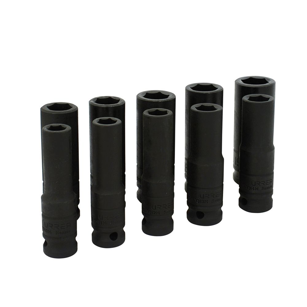 Juego de dados largos de impacto cuadro de 1/2", métricos, 6 puntas, 10 piezas Urrea