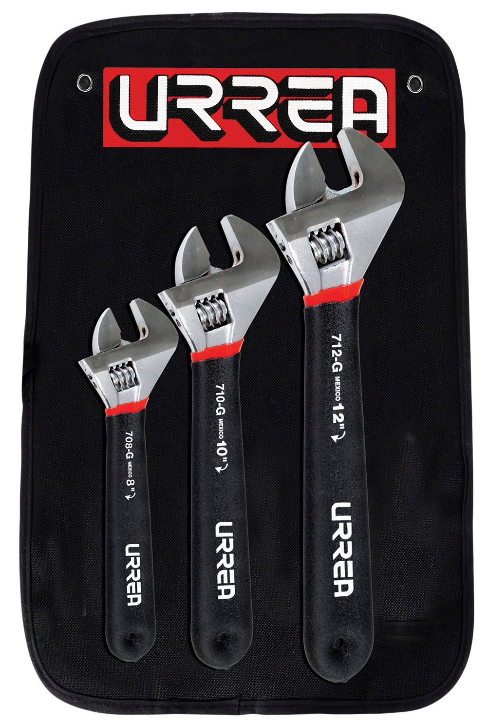 Juego de llaves ajustables cromadas con mango Rubber Grip, 3 piezas Urrea