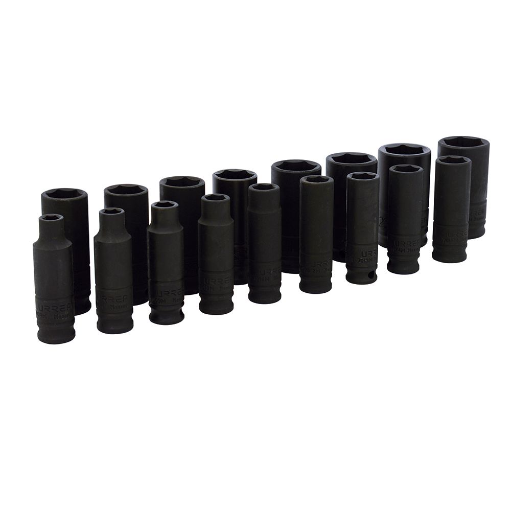 Juego de dados largos de impacto métricos cuadro de 3/8", 12 puntas, 17 piezas Urrea