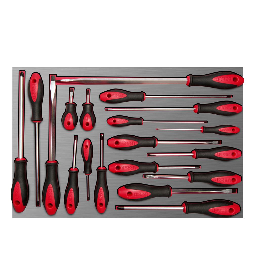 Juego de destornilladores mango bimaterial varias puntas bandeja laminada, 19 piezas Urrea