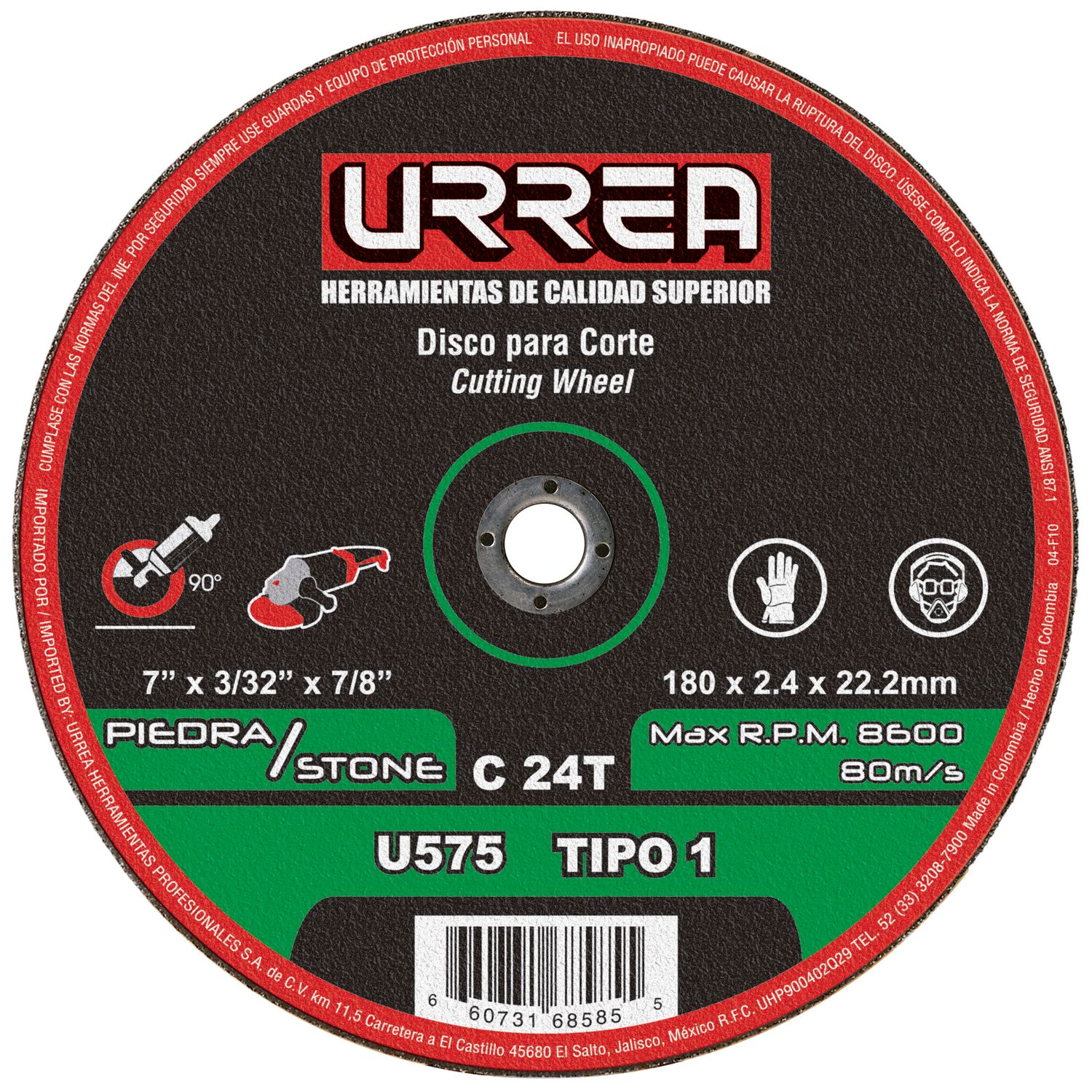 Disco abrasivo tipo 1 para piedra 7" x 3/32" Urrea