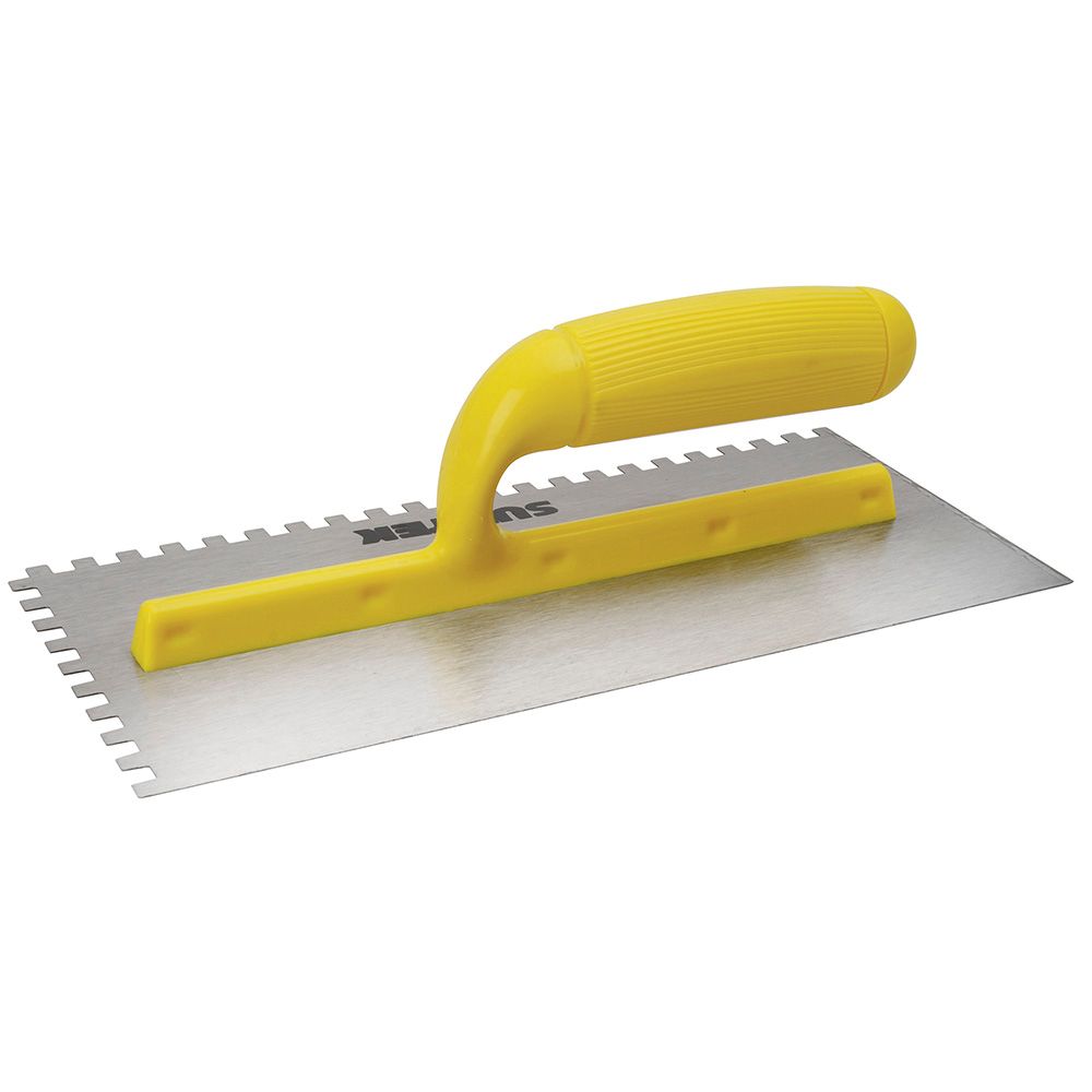 Llana dentada cuadrada de acero al alto carbón con mango plástico 11" x 5" Surtek