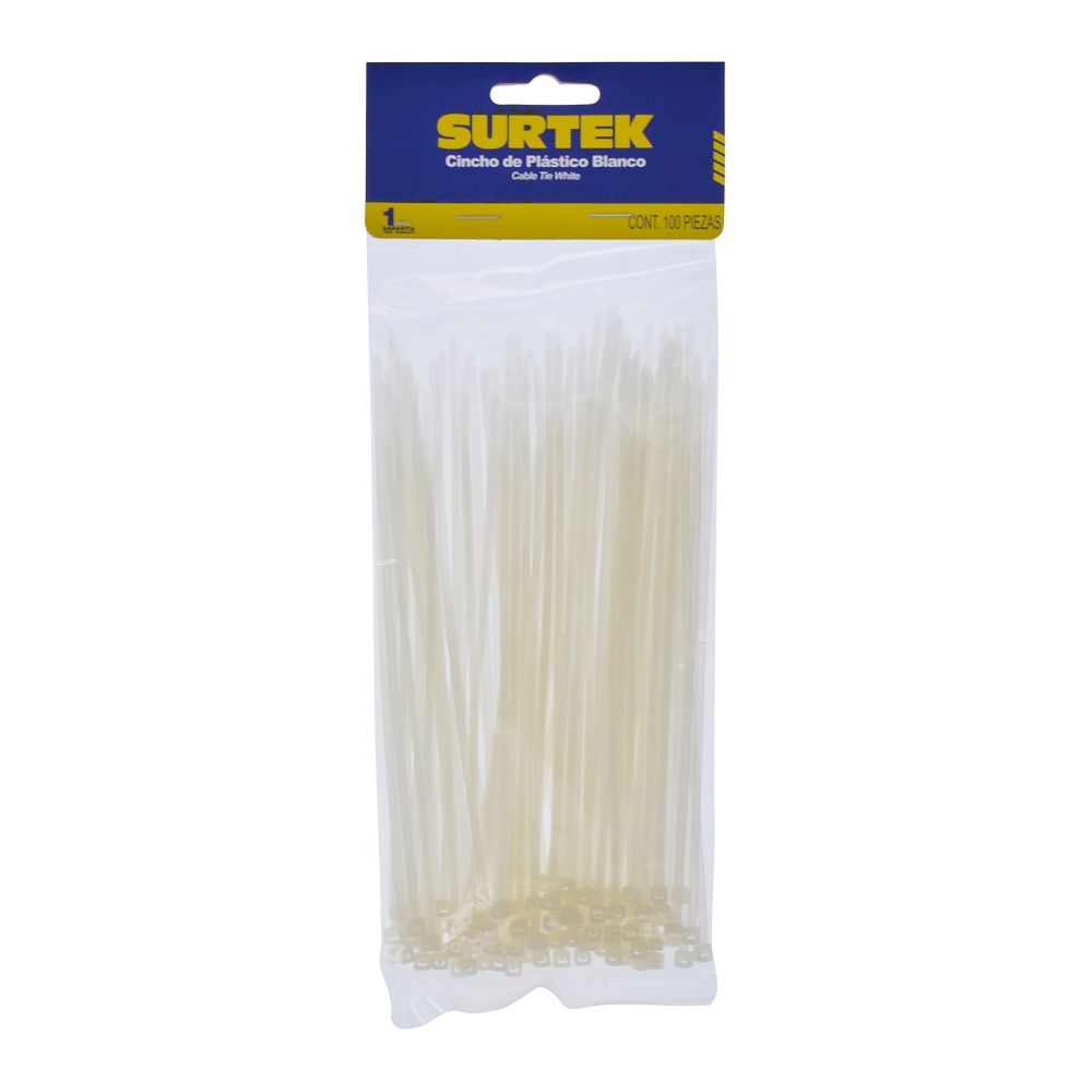 Cinchos plásticos 165 x 2.5 mm, tensión 8 Kg de 100 piezas, color natural Surtek