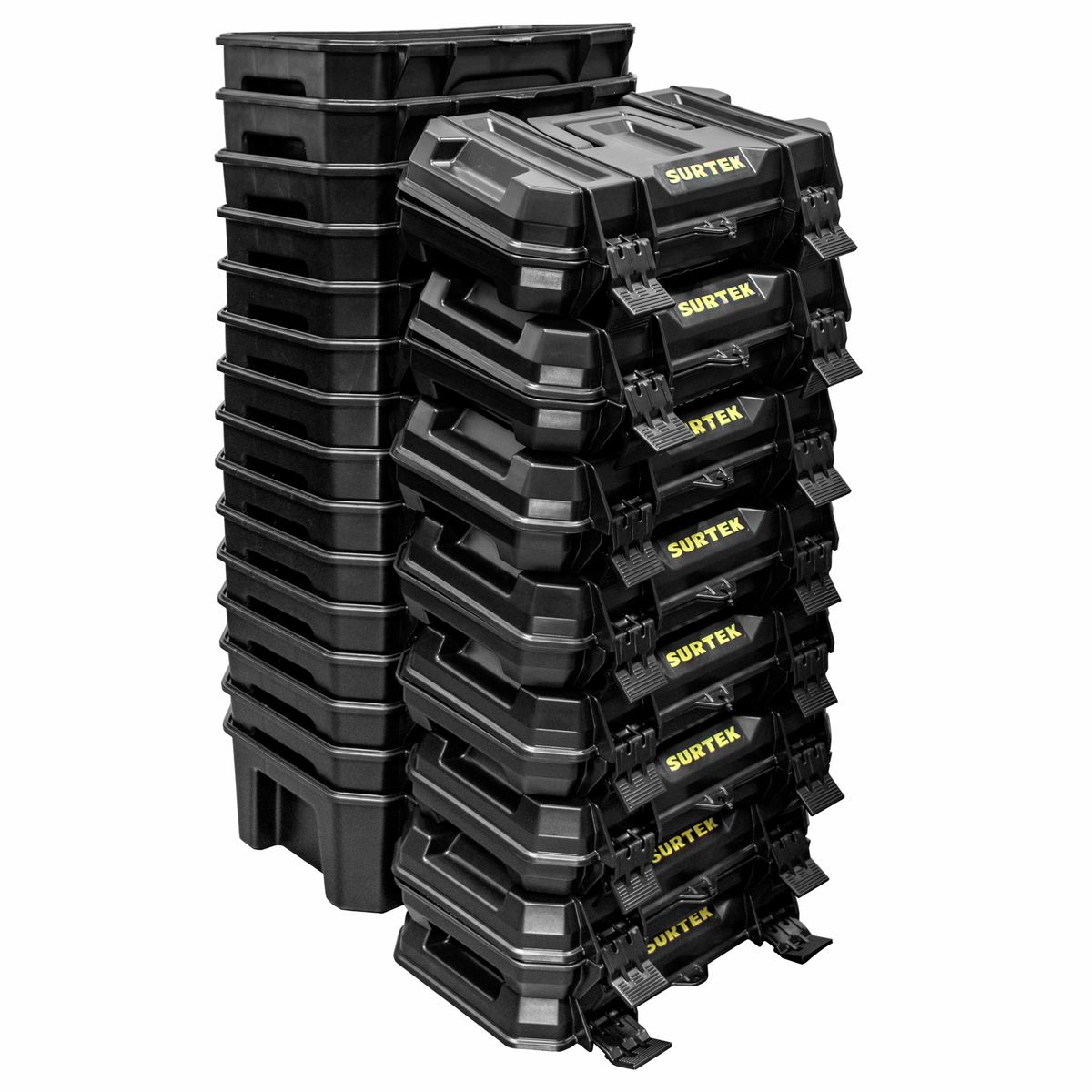 Cajas portaherramientas plásticas color negro con broches plásticos y charola 19", 15 pz Surtek