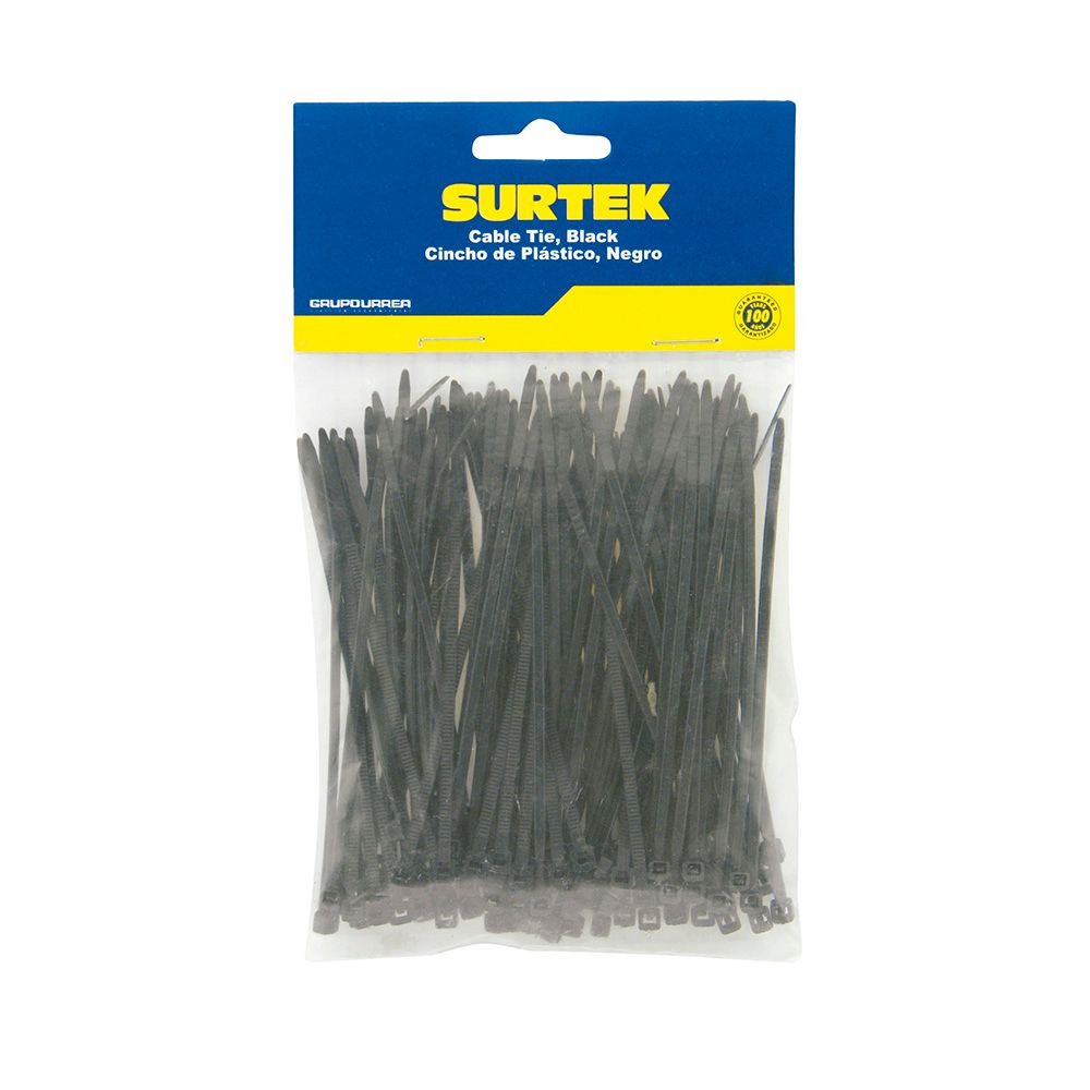 Cinchos plásticos 160 x 4.8 mm, tensión 27 Kg de 50 piezas color negro Surtek