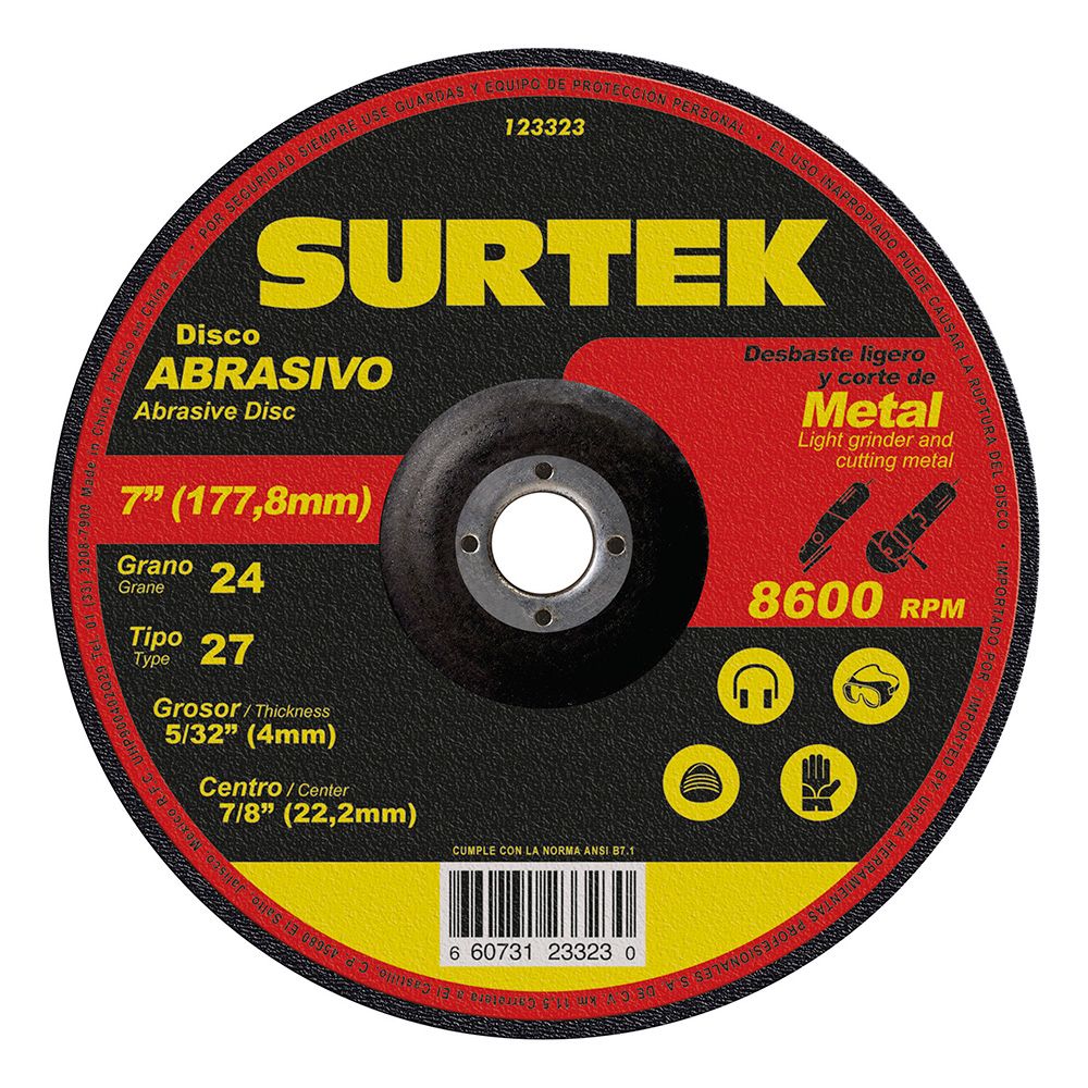 Disco abrasivo tipo 27 para metal 7" x 5/32" Surtek