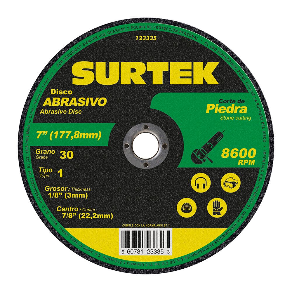 Disco abrasivo tipo 1 para piedra 7" x 9/64" Surtek