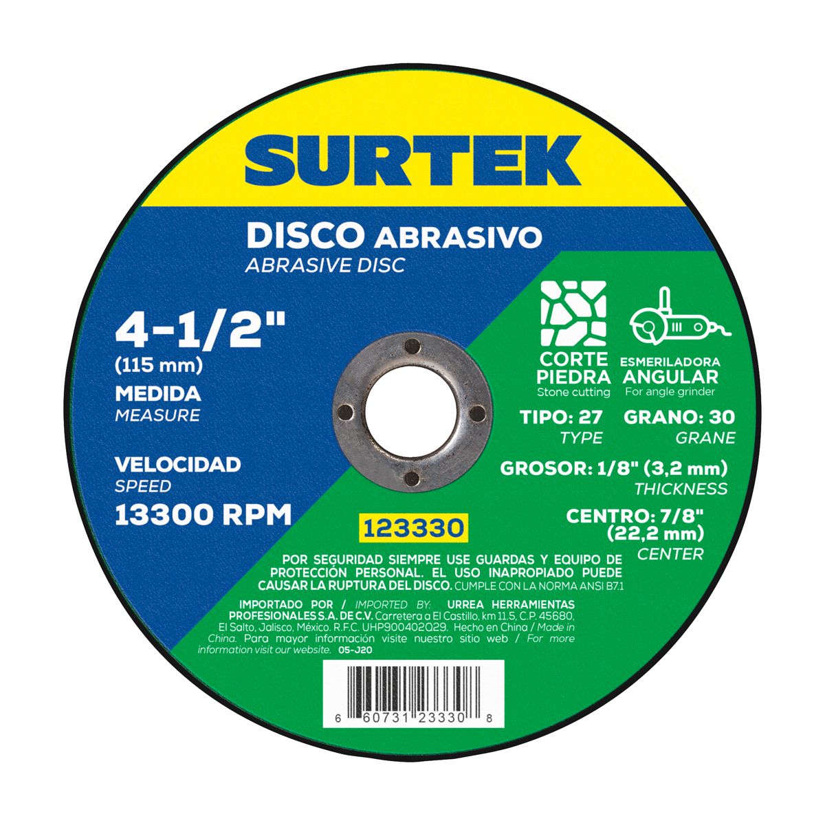 Disco abrasivo tipo 27 para piedra 4-1/2" x 1/8" Surtek