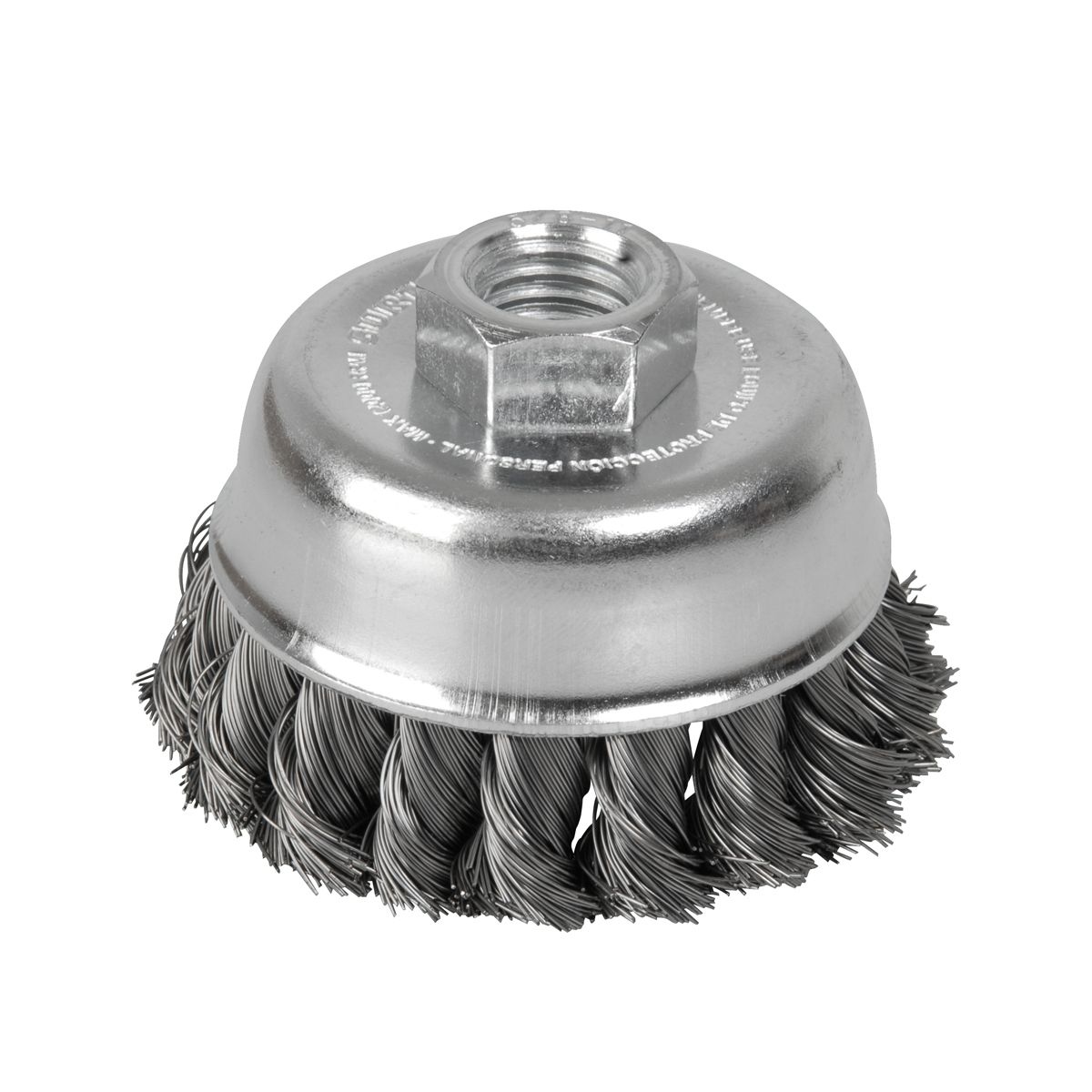 Carda copa trenzada alambre grueso acero inoxidable 3" x 0.50 mm con rosca 5/8" Surtek