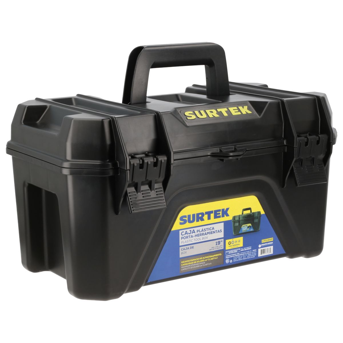 Caja portaherramientas plástica color negro con broches plásticos y charola 19" Surtek