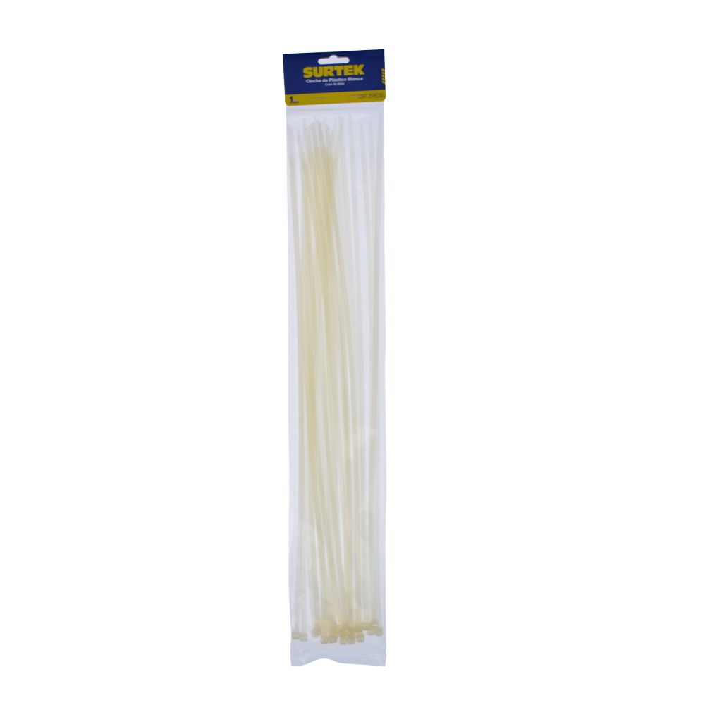 Cinchos plásticos 500 x 4.8 mm, tensión 27 Kg de 25 piezas color blanco Surtek