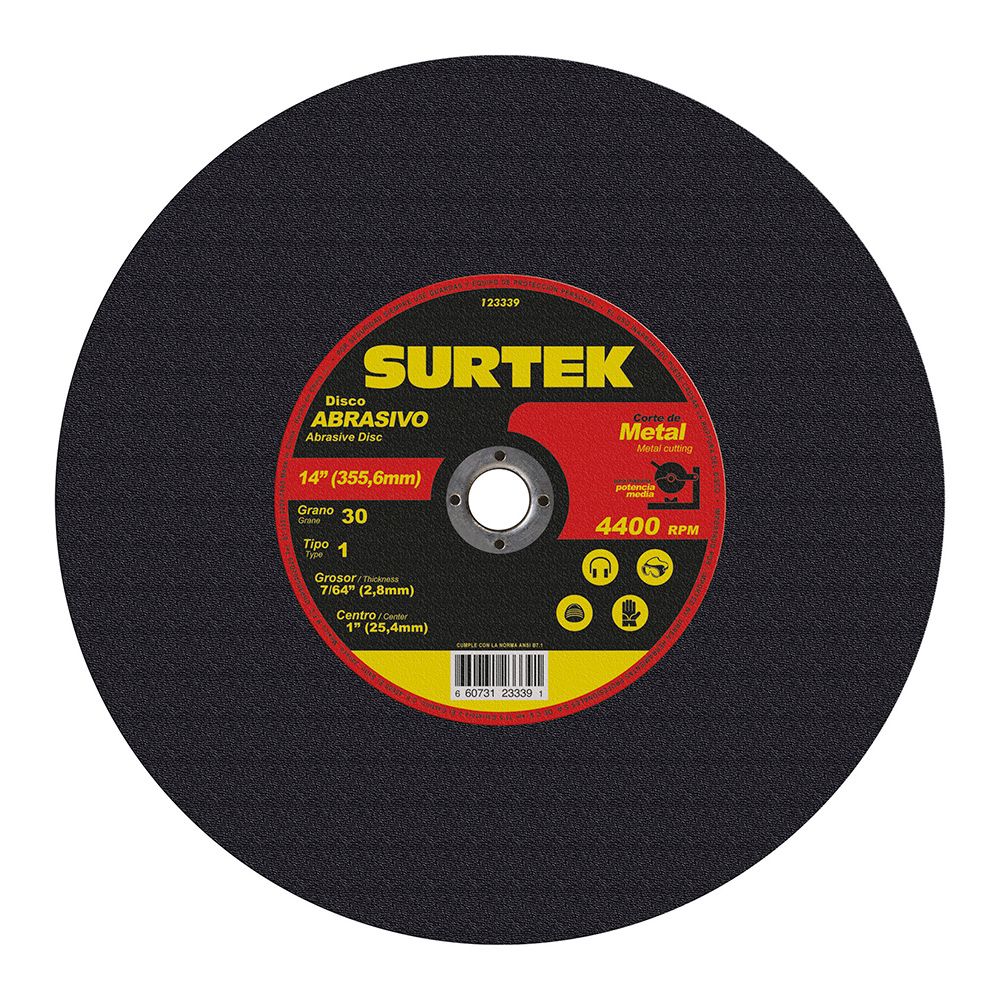 Disco abrasivo tipo 1 para metal 14" x 7/64" para máquina estacionaria Surtek