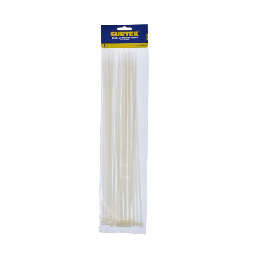 Cinchos plásticos 368 x 4.6 mm, tensión 22 Kg de 25 piezas color blanco Surtek