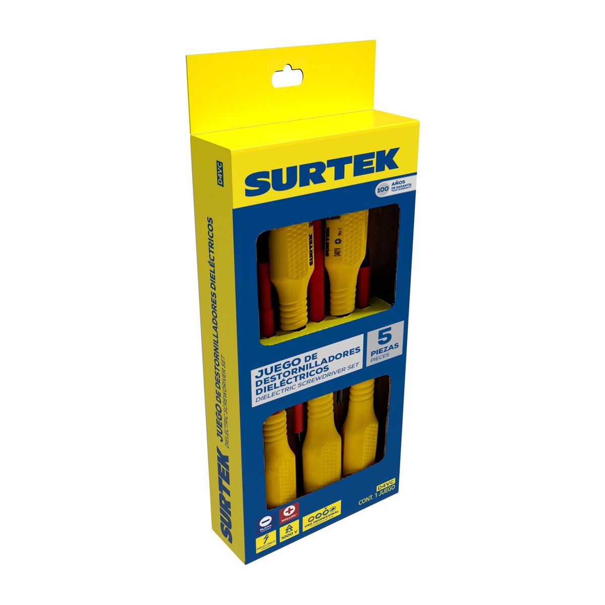 Juego de destornilladores con mango amarillo dieléctricos 1000 V combinados, 5 piezas Surtek