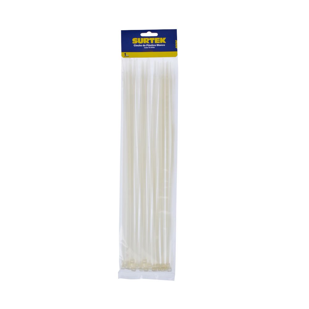 Cinchos plásticos 300 x 4.6 mm, tensión 22 Kg de 50 piezas color blanco Surtek