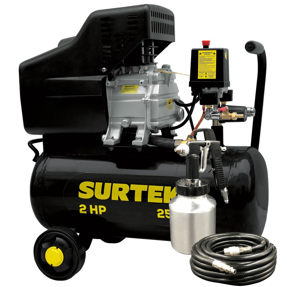 Compresor de aire eléctrico lubricado con pistola y manguera 25 Lt 2 HP 127 V Surtek