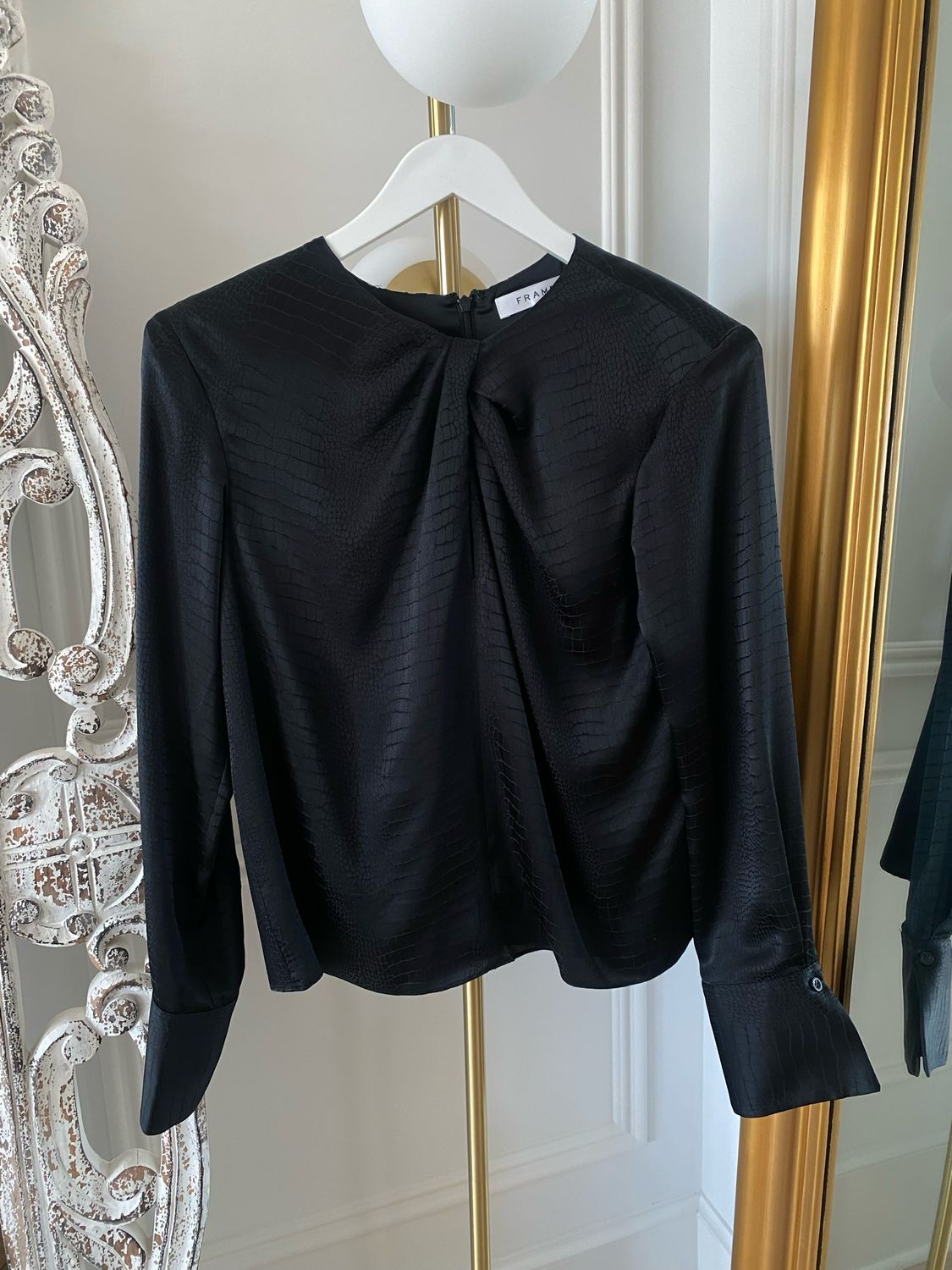 FRAME Black Embossed Twist Neck Top