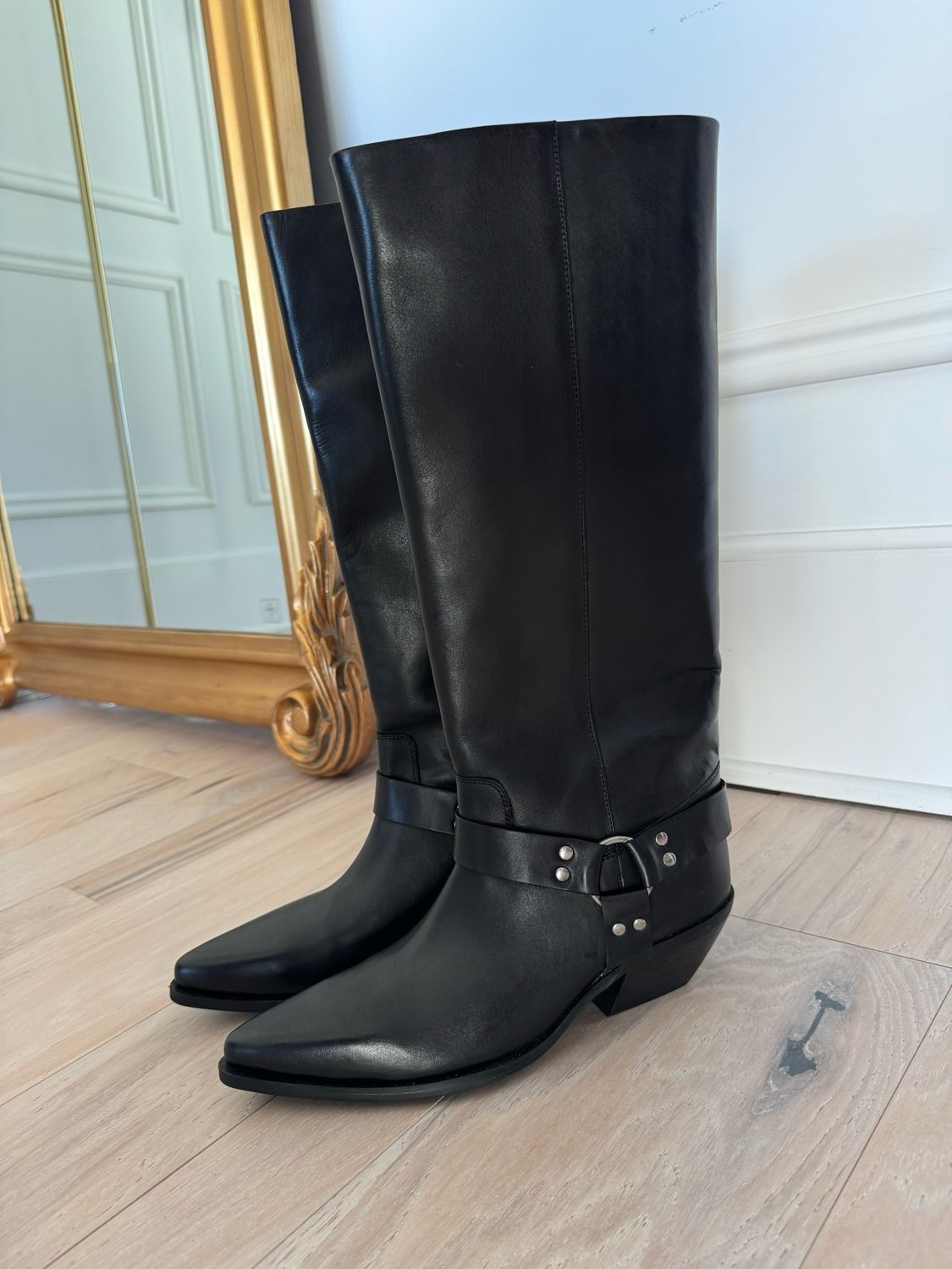 Zara Buckled Knee High Boots, Black, Size Women’s US8