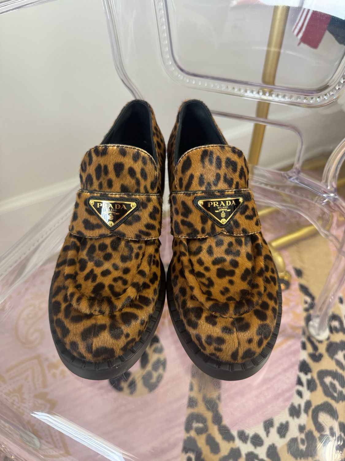 Prada Leopard Calf Hair Triangle Loafers, Women’s Size US8