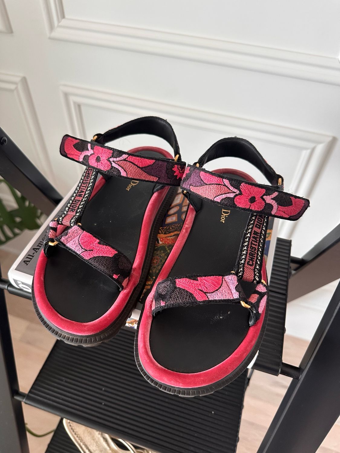Dior Black&amp;Pink Floral Velvet Sandals, Size Women’s US8