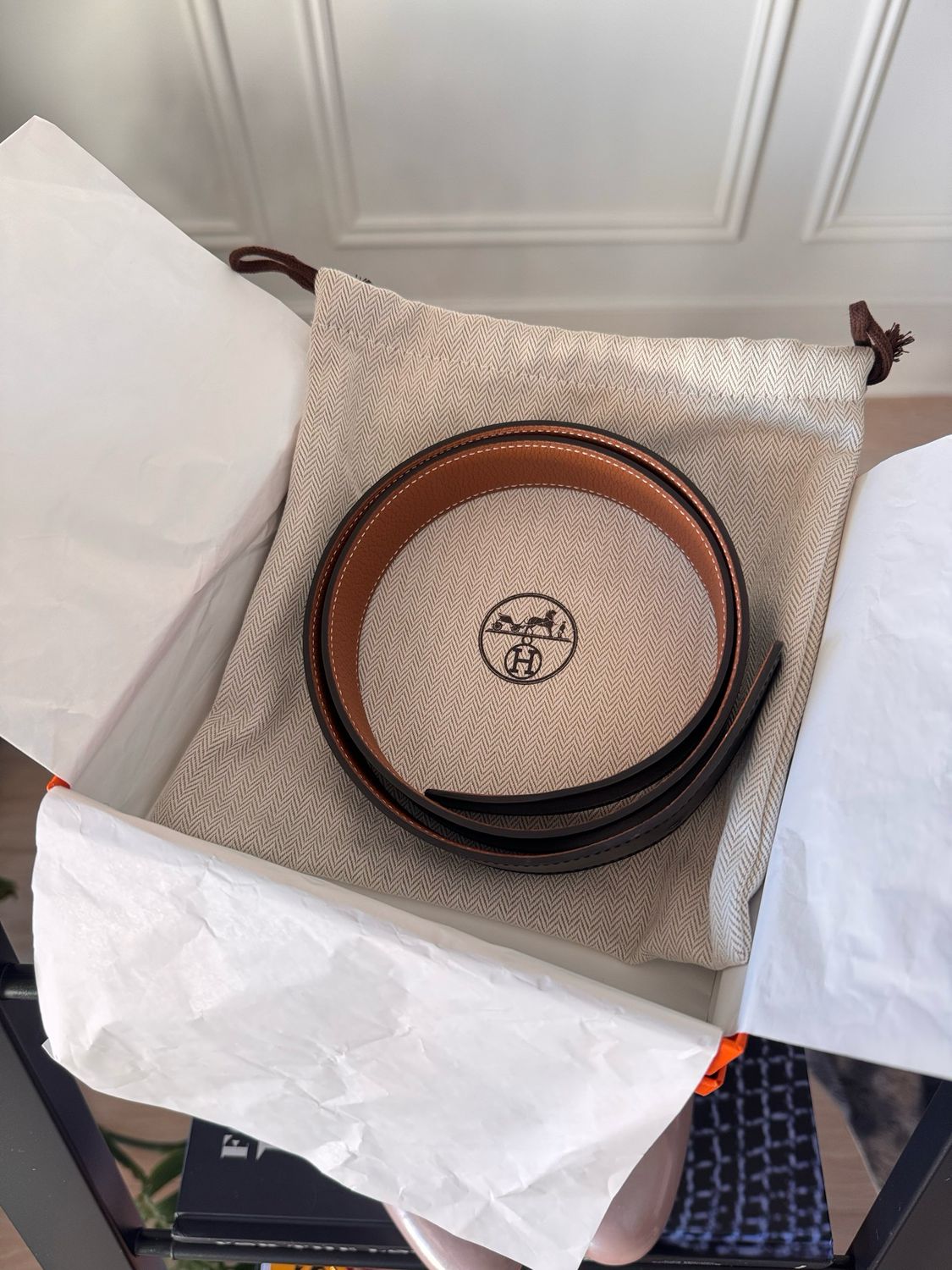 Hermès Reversible Leather Belt Strap NO BUCKLE INCLUDED Size 80, Black&amp;Gold