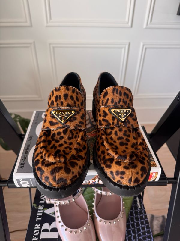 Prada Chocolate Printed Leather Loafers, Fits Size Women’s US8