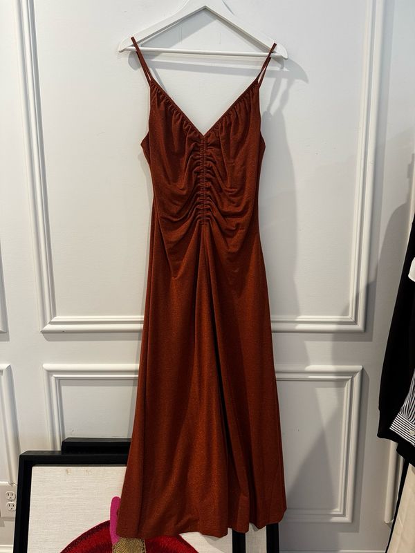 Loft Shimmer Ruched Strappy Midi Dress, Size Small