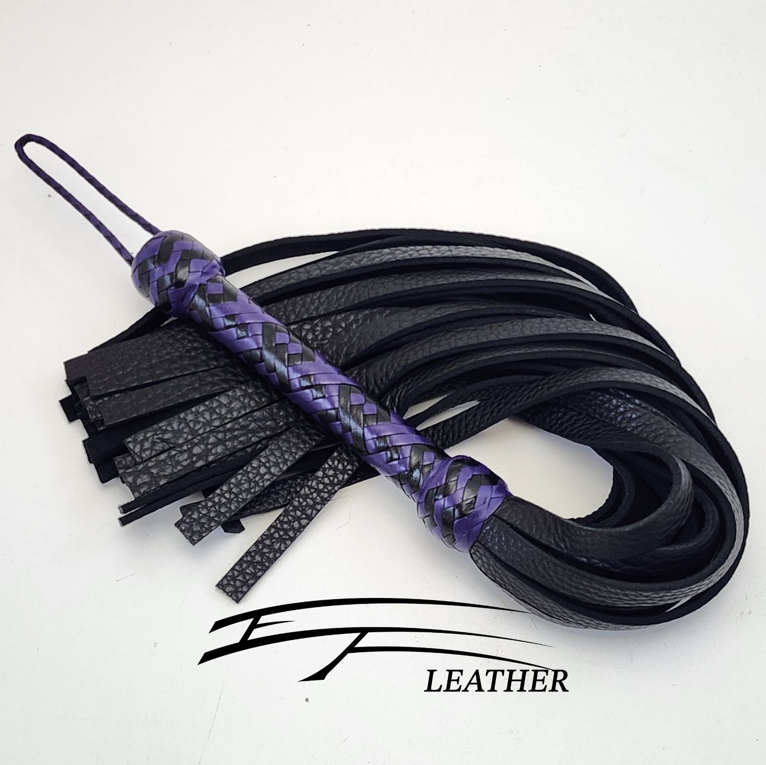 18" Bull Hide Flogger - Signature Line - Black &amp; Purple (16-Plait Running Interlocking Diamonds Handle)
