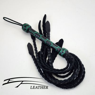 16" Flat Braided Cat O’ Nine - Signature Line - Black &amp; Jade Green (16-Plait Honeycomb Handle)