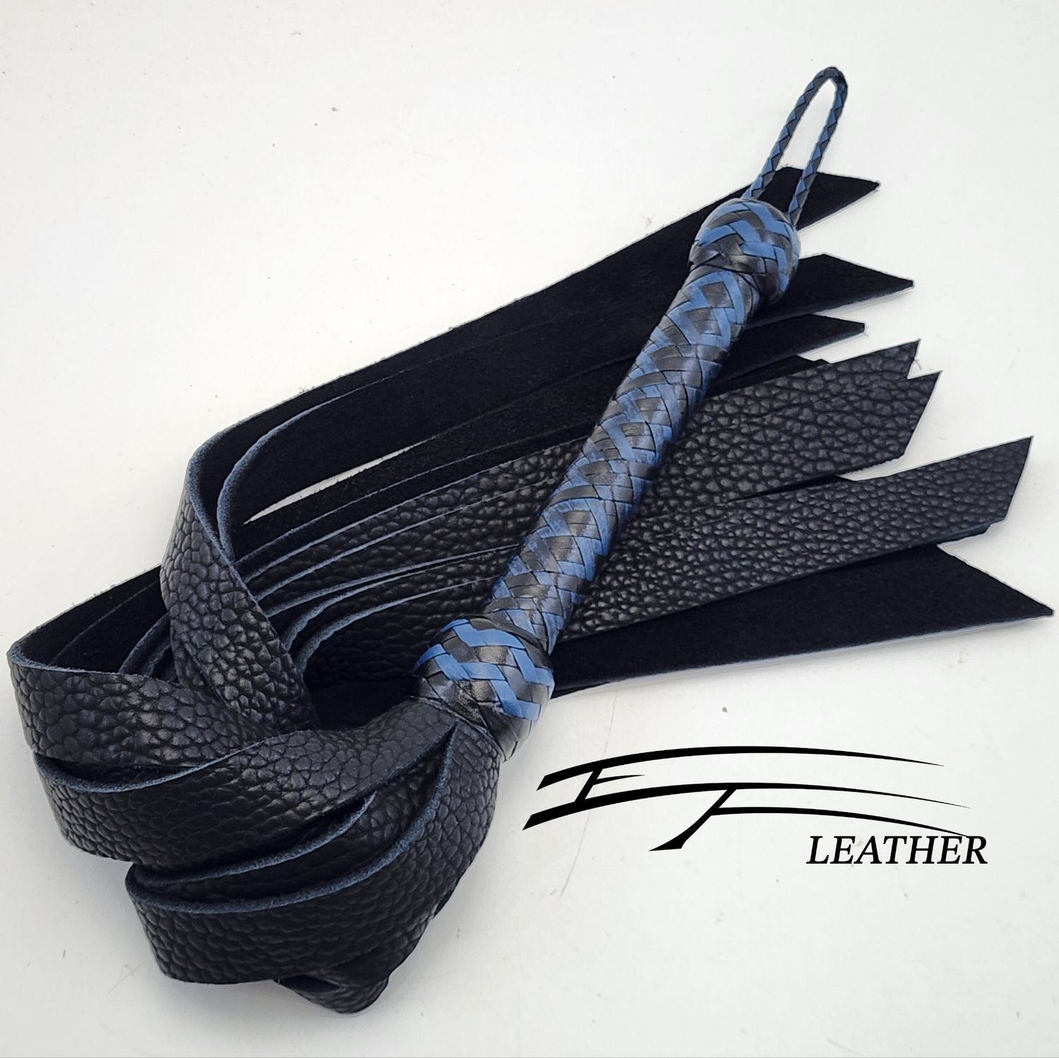 20" Nasty Shit Buffalo Flogger - Premium Line - Black &amp; Royal Blue (20-Plait Custom Pattern Handle, 1" Angled Falls)