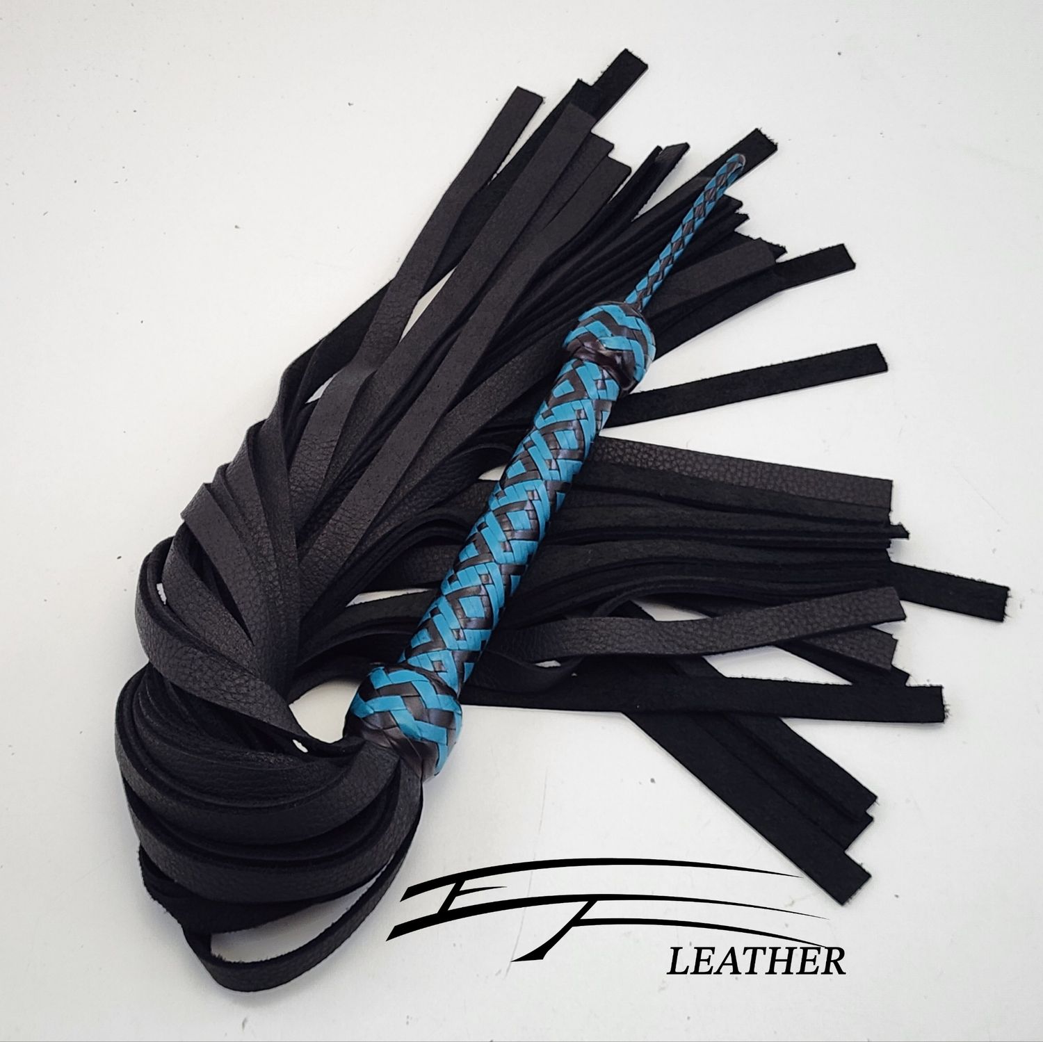 18" Moose Flogger - Collector Line - Brandy &amp; Aqua (24-Plait Custom Pattern Handle) 