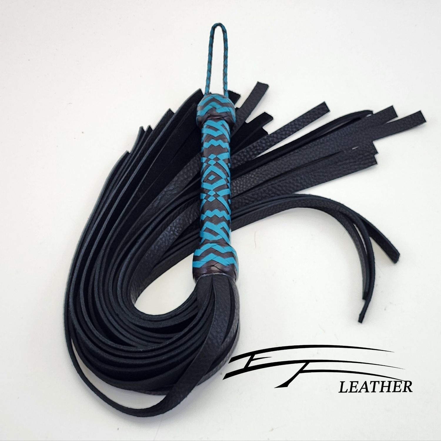 18&quot; Bull Hide Flogger - Premium Line - Brandy &amp; Aqua (20-Plait Custom Pattern Handle)