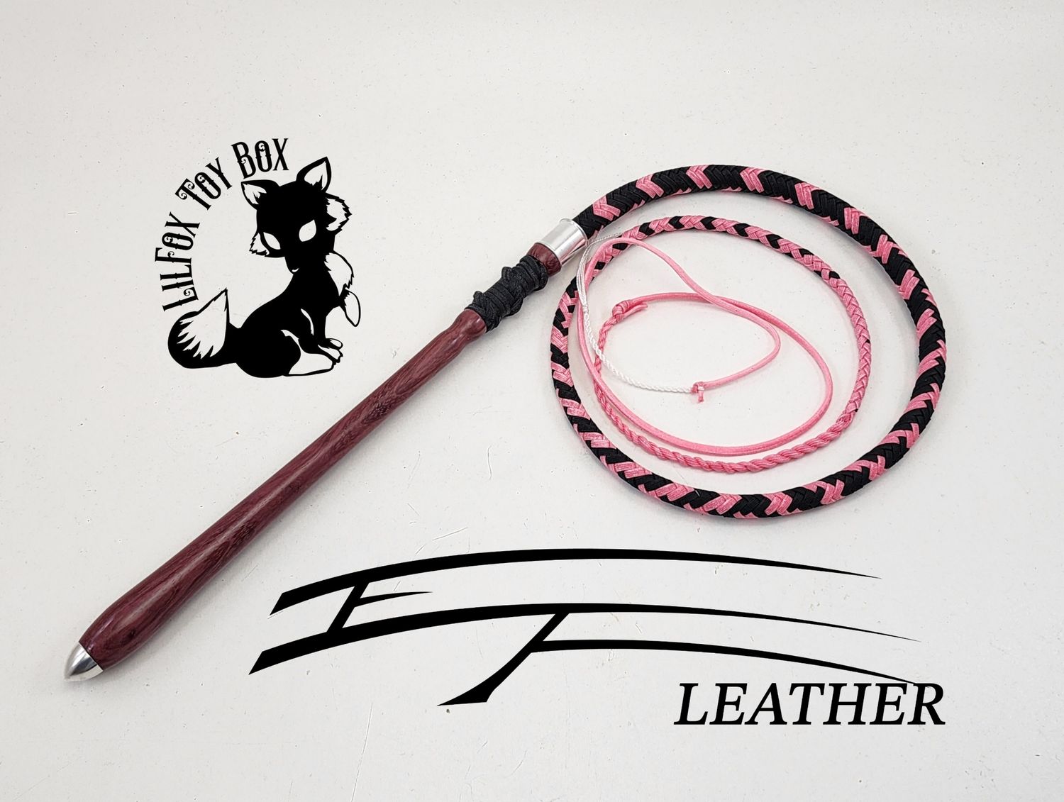 EF Leather Performance Cow Whip – 12-Plait Waxed Nylon with Exotic Wood Handle by Lil Fox Toybox (4 ft / 5 ft / 6 ft)