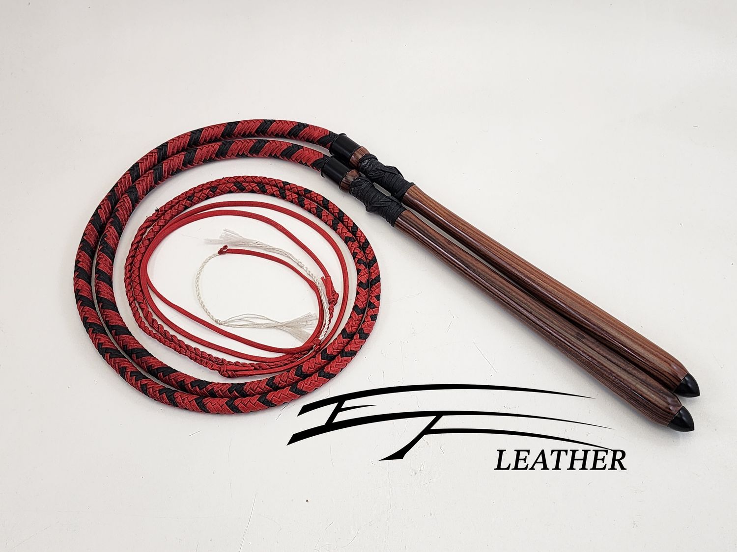 EF Leather Performance Cow Whip – 12-Plait Waxed Nylon with Exotic Wood Handle by Lil Fox Toybox (4 ft / 5 ft / 6 ft)