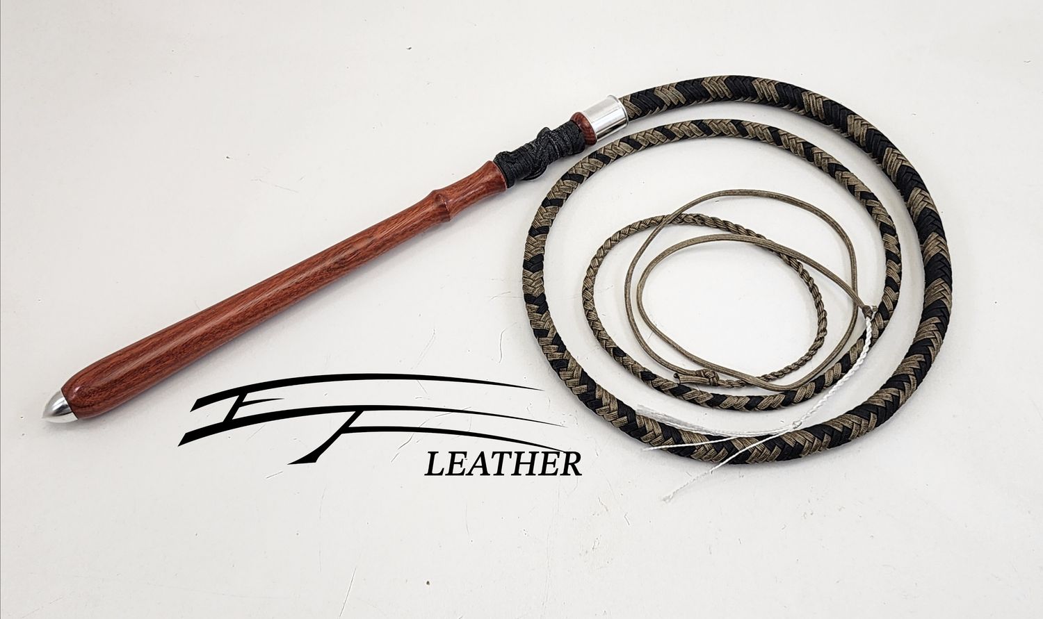 5ft Nylon Cow Whip - 12 Plait - Black/Tan with Harwood Handle