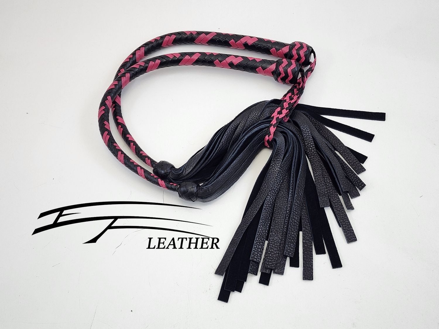 Matching Pair - Deer Hide Galley Whips - 12 Plait - Black &amp; Pink