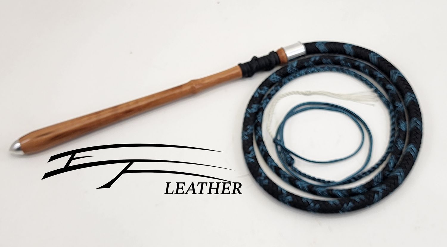 5ft Nylon Cow Whip - 12 Plait - Turquoise with Stripes/Black with Harwood Handle