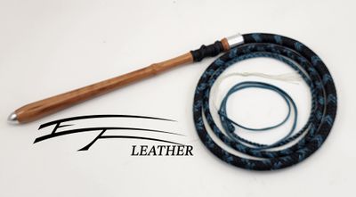 5ft Nylon Cow Whip - 12 Plait - Turquoise with Stripes/Black with Harwood Handle