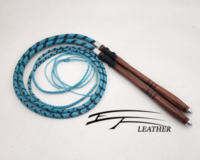 Matching set 5ft Nylon Cow Whips - 12 Plait - Turquoise w/ Stripes and Teal with Hardwood Handle