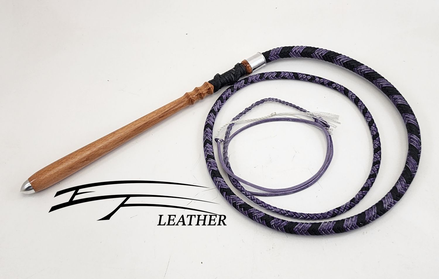5ft Nylon Cow Whip - 12 Plait - Purple with Stripes/Black with Harwood Handle