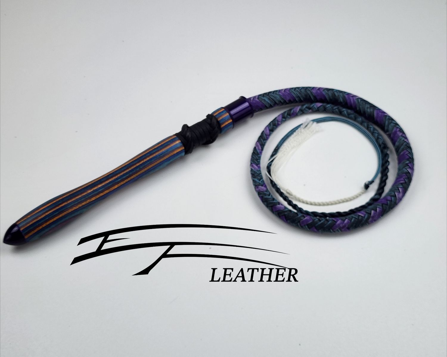 EF Leather Dungeon Whip – Turquoise, Black, Purple &amp; Silver | Multicolor Spectraply Handle